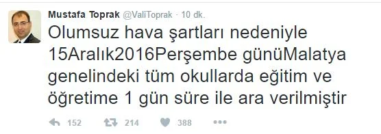 Malatya’da Yarin Okullar Tatil 15 Aralık 2016