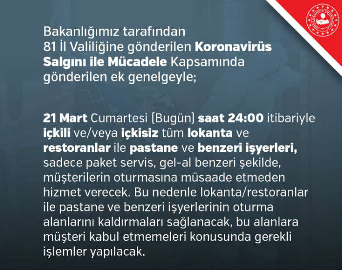 Koronavirüs Salgını ile Mücadele Kapsamında Lokantalarla İlgili Ek Genelge