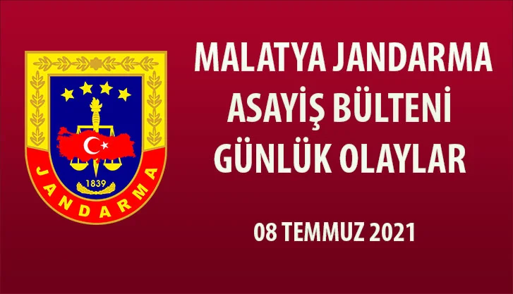 07 Temmuz 2021 tarihinde Malatya İl Jandarma Komutanlığı Harekât Merkezine intikal eden (15) olay bültene alınmış, meydana gelen olaylarda (17) şüpheli yakalanmıştır.