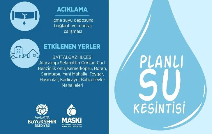 Maski , Battalgazi İlçesi’ne bağlı 9 mahallede planlı su kesintisinin yaşanacağını bildirdi.